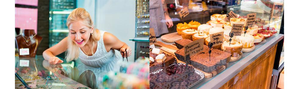 glass showcases displaying products at a jewelry store and at a bakery